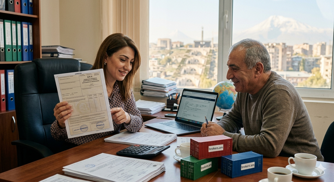 Таможенный брокер в офисе в Ереване показывает клиенту сертификат происхождения СТ-1